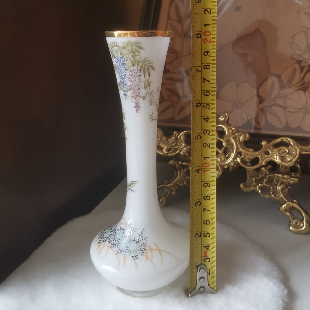 White Frosted Glass Bud Vase with Gold Trim Hand Painted Floral & Bird Motif - Picture 9 of 10